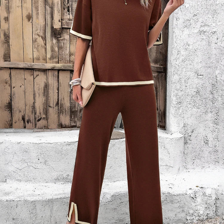 New in 2 Piece Set Summer Fashion Pantsuits Sets Solid Color Casual Elegant Korean Version Side Split Commuter Women's Clothing Brown