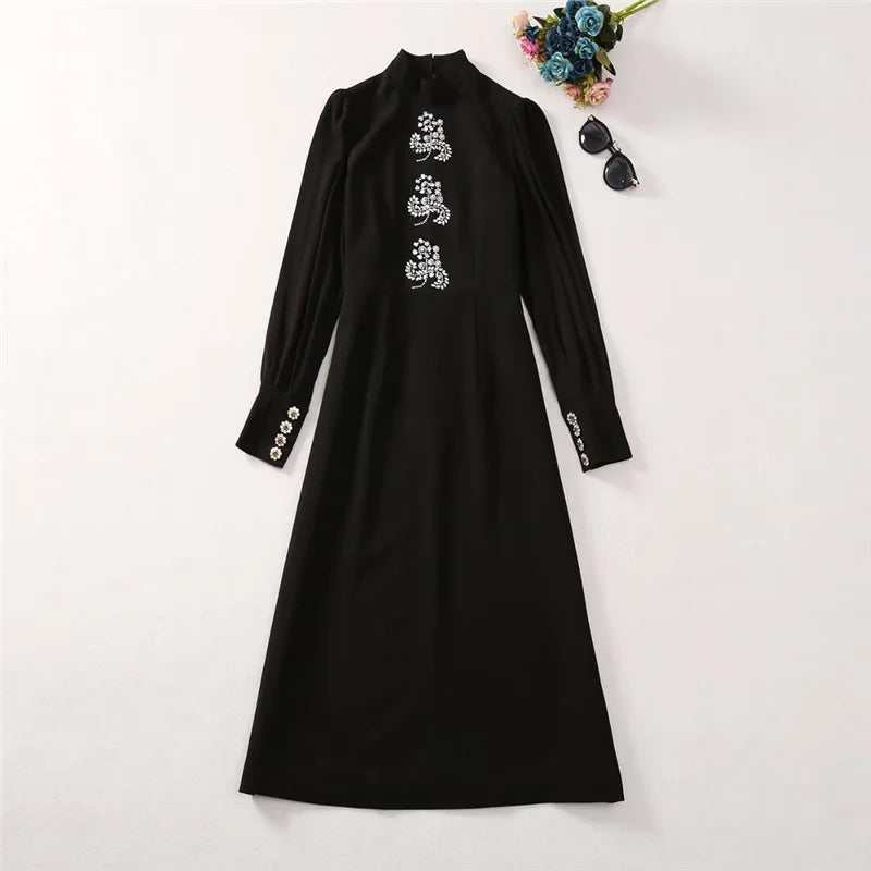 Solid Slimming Spliced Bead Dresses for Women High Neck Lantern Sleeves Temperament Long Dress Female Clothing New BLACK