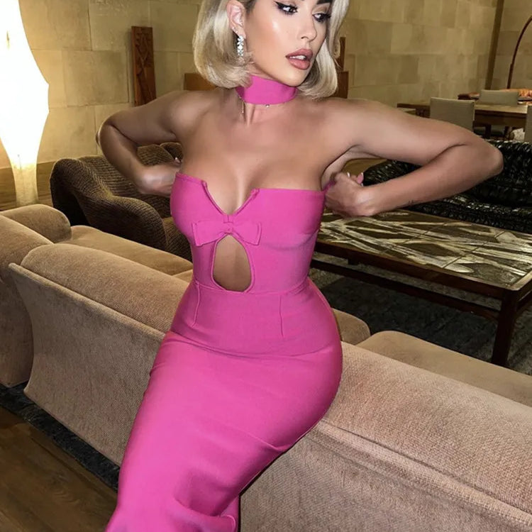 Summer Sexy Strapless Backless Bow Tie Hot Pink Black Ankle Women Bodycon Bandage Dress Elegant Evening Club Party Dress