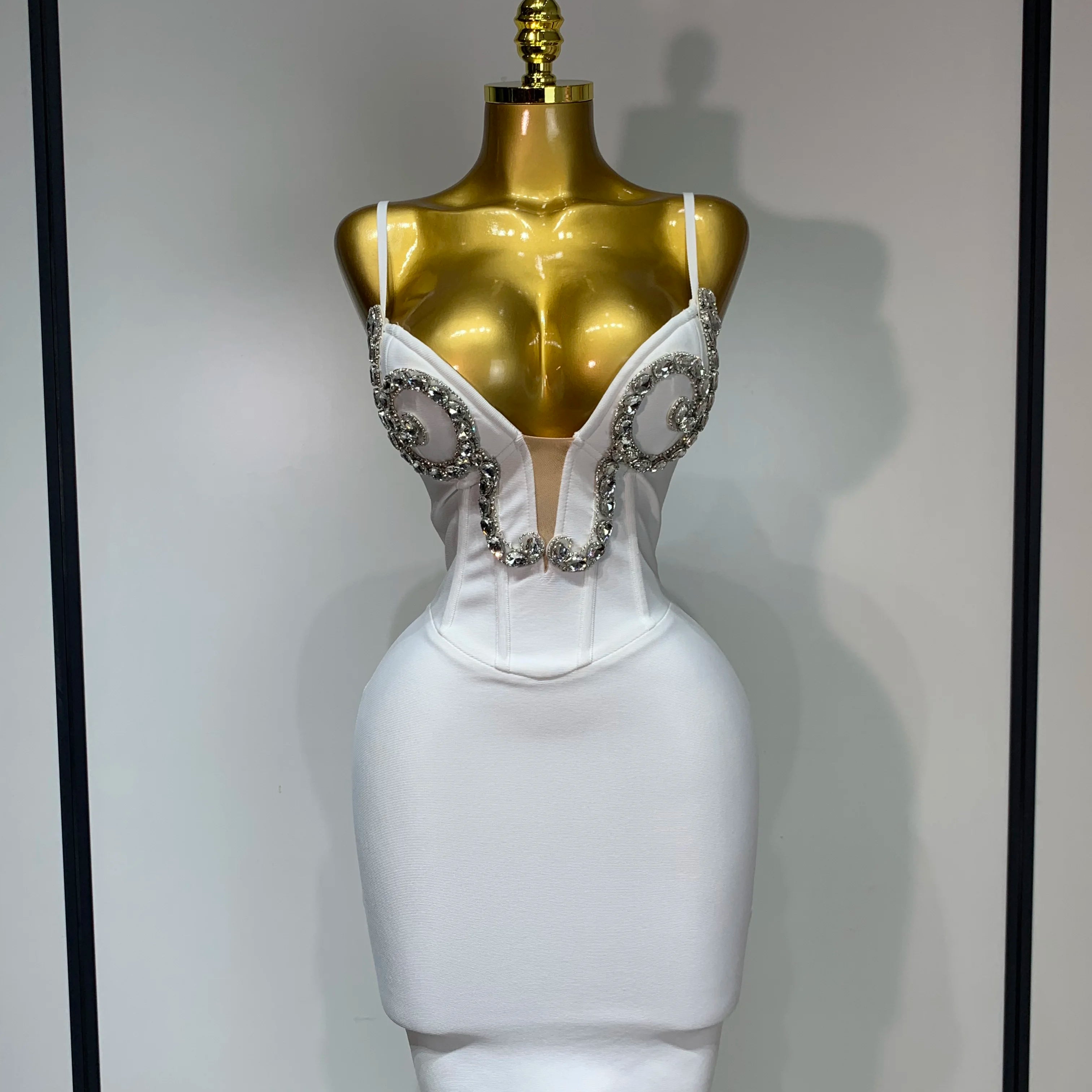 Women Sexy Spaghetti Strap V Neck Crystal Sleeveless Bandage Dress White Elegant Evening Party Cocktail Luxury Birthday Gowns WHITE