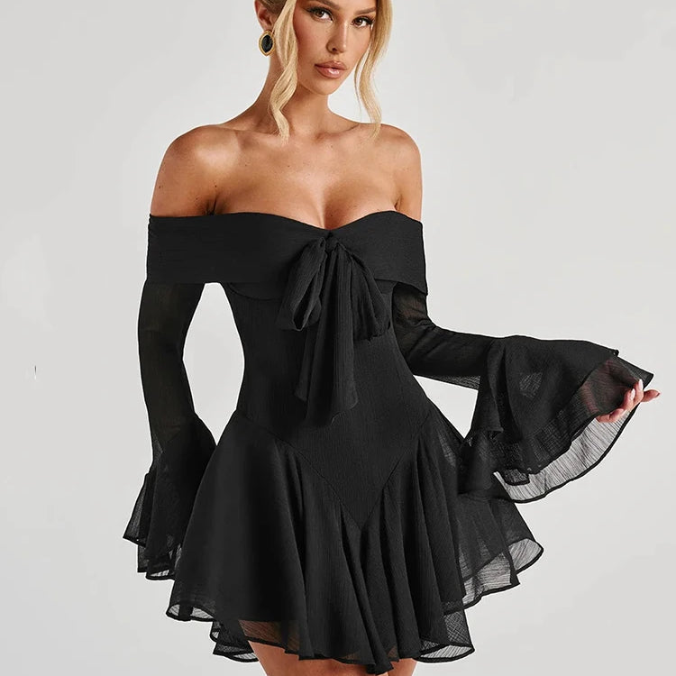 Mozision Strapless Long Flare Sleeve Sexy Mini Dress For Women Robe Off-shoulder Backless High Waist A-line Club Party Dress black
