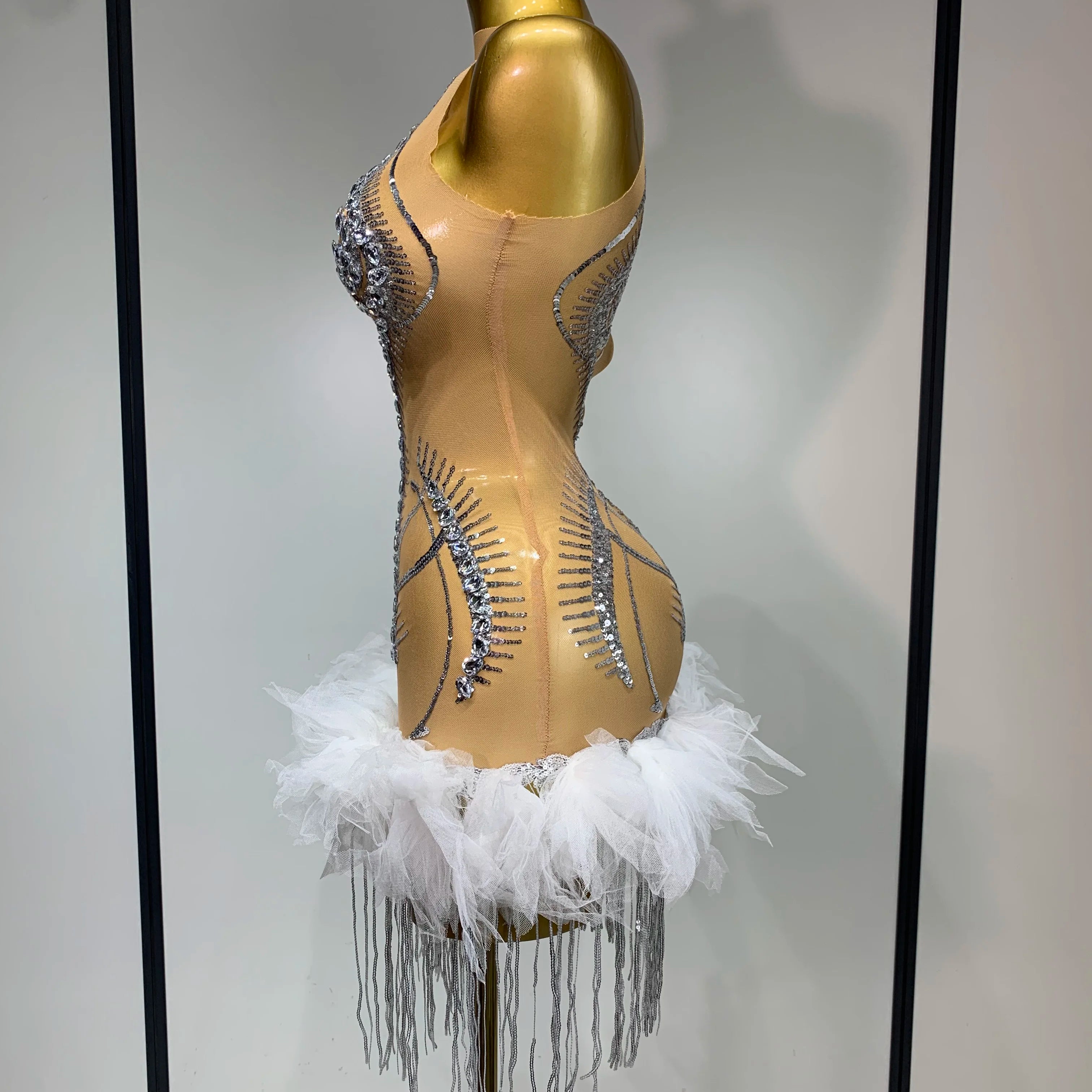 Luxury Party Cocktail Short Dress Women Mesh Sexy See Through Rhinestones Tassel Dress Nightclub Perform Singer Stage Costume