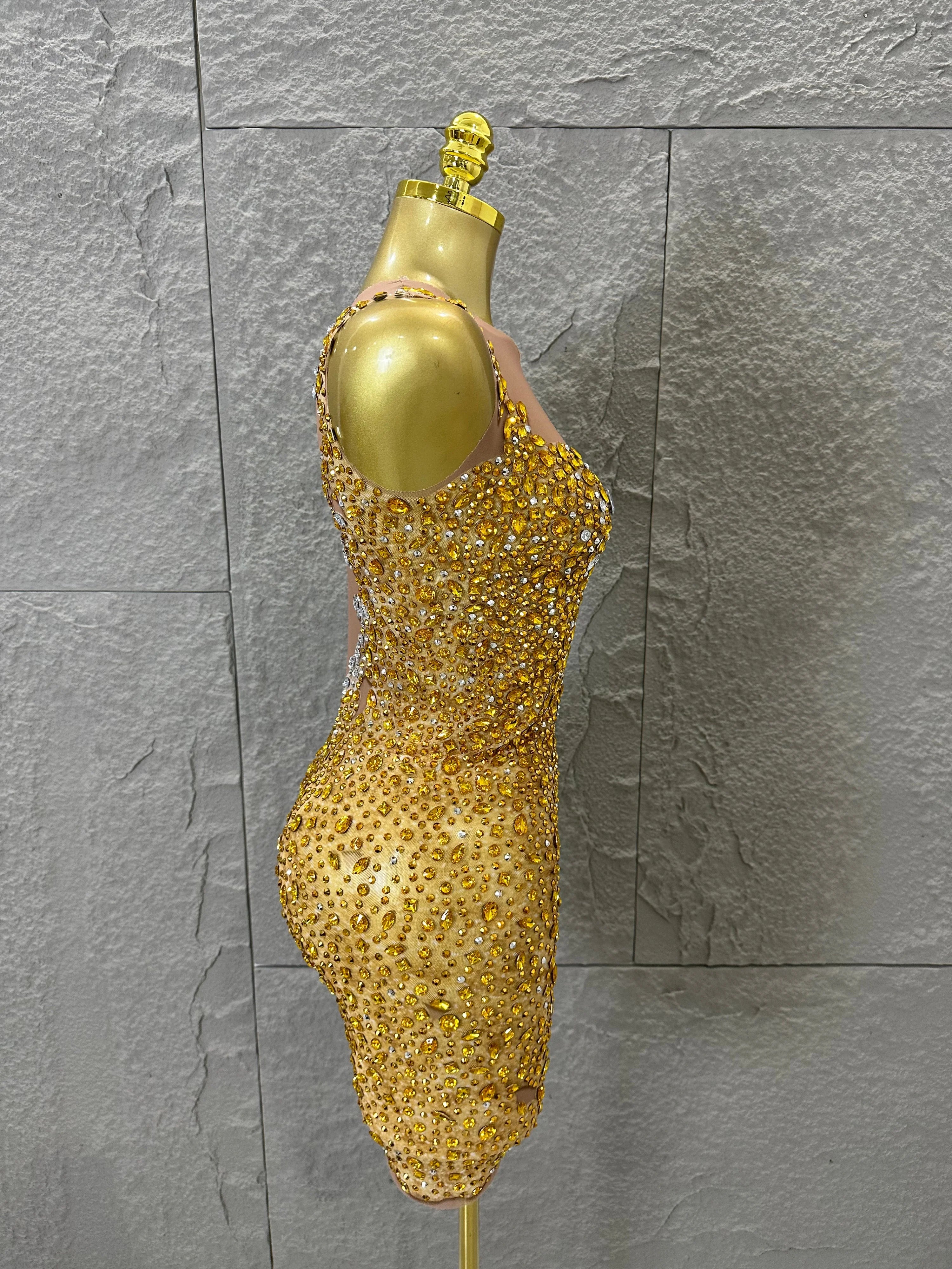 2026 New Sexy Fashion Gold Sparkly Dance Show Stage Costume Women Birthday Party Rhinestones Tassels Transparent Short Dress