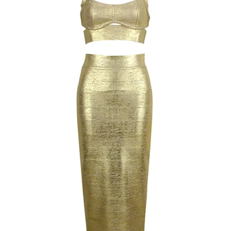 Women Summer Sexy Sleeveless Backless Bronzing Gold Midi Bodycon Skirt Bandage Set Elegant Evening Club Party Outfits