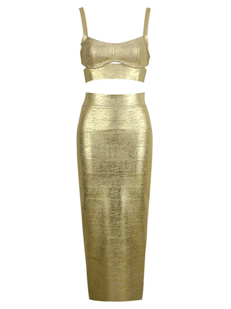Women Summer Sexy Sleeveless Backless Bronzing Gold Midi Bodycon Skirt Bandage Set Elegant Evening Club Party Outfits