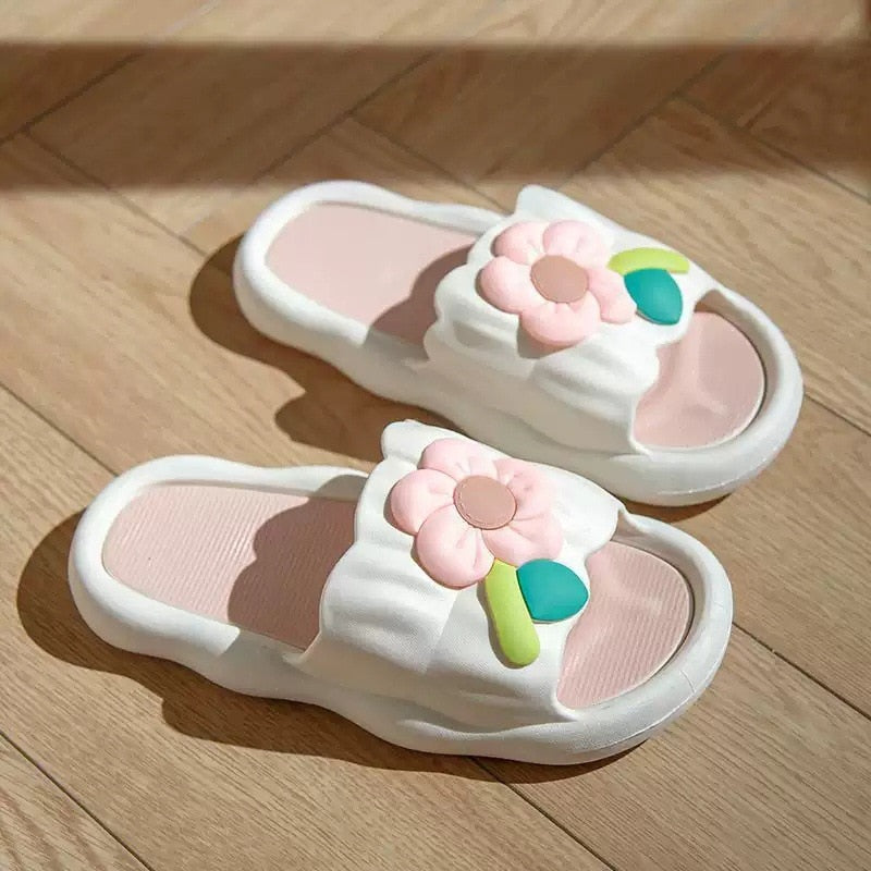 Slipper Women Men Summer Thick Bow Tie Slippers Women Indoor Home Sandals Couples Bathroom Slides Non-slip Soft House Slippers flower-2
