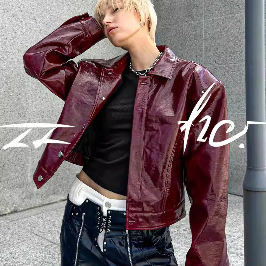 Lautaro Autumn Cool Short Oversized Pu Leather Jacket Women Shoulder Pads Zippper High Quality American Retro Punk Style Clothes