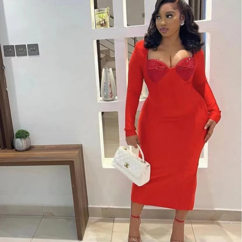 Black Red Color Women Long Sleeve Sexy Square Collar Rhinestones Bodycon Bandage Long Dress Nightclub Party Celebrate Dress Red