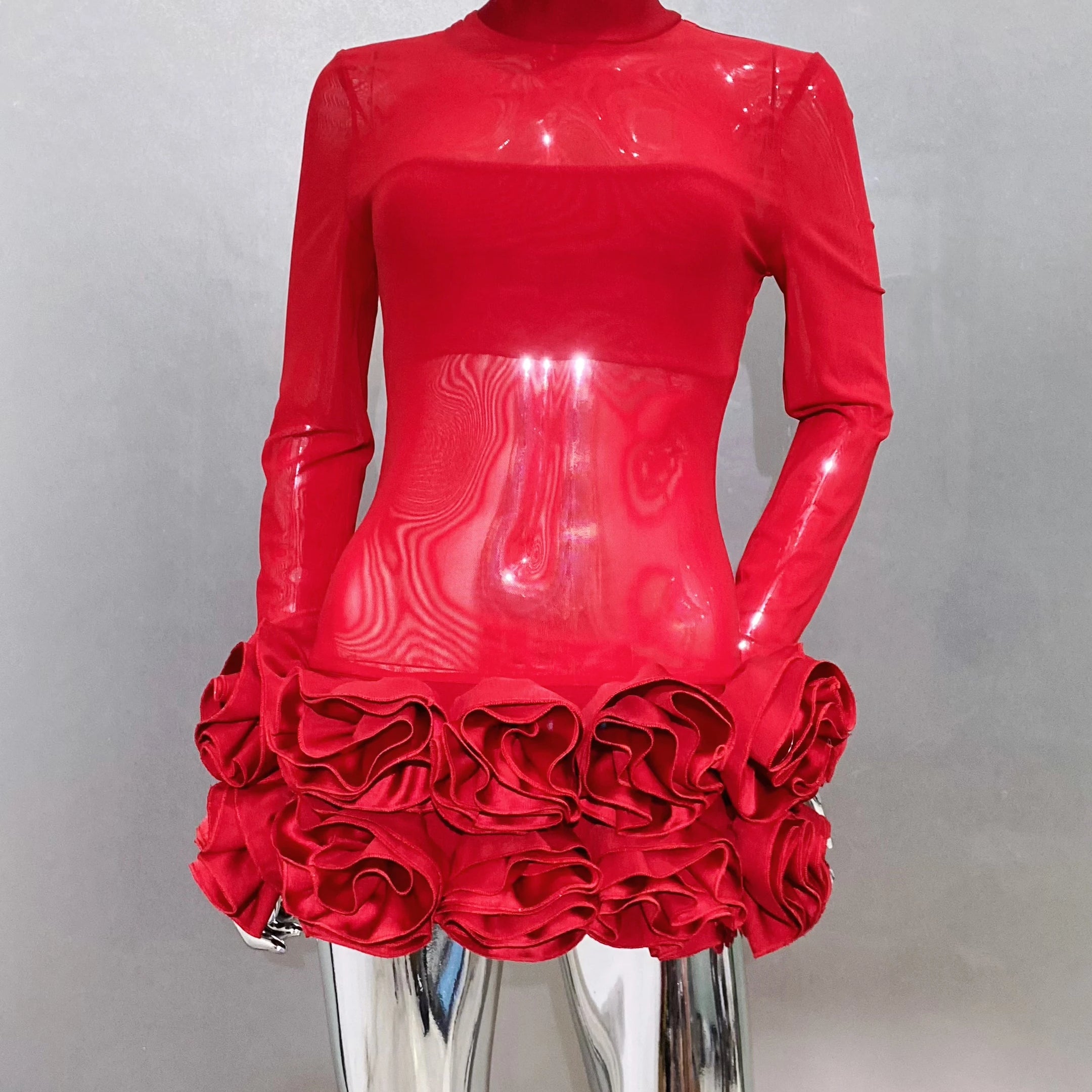 2024 New Sexy Mesh See through Stereoscopic Flowers Red Mini Evening Dress Sweet Woman Birthday Party Dress Performance costume Red