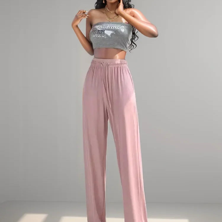 ABRINI Women Drawstring Elastic Waist Thin Solid Pants Casual Straight Pants Sports Wide Leg Trousers For Women Spring