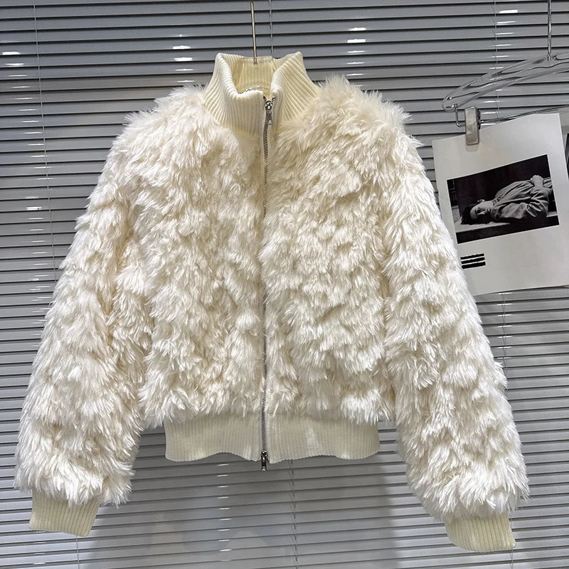 Winter New Sweet Fashion Fur Patchwork Knitted Quilted Short Coat For Women Solid Color Soft Jacket Female 11A07455 Milky White One Size