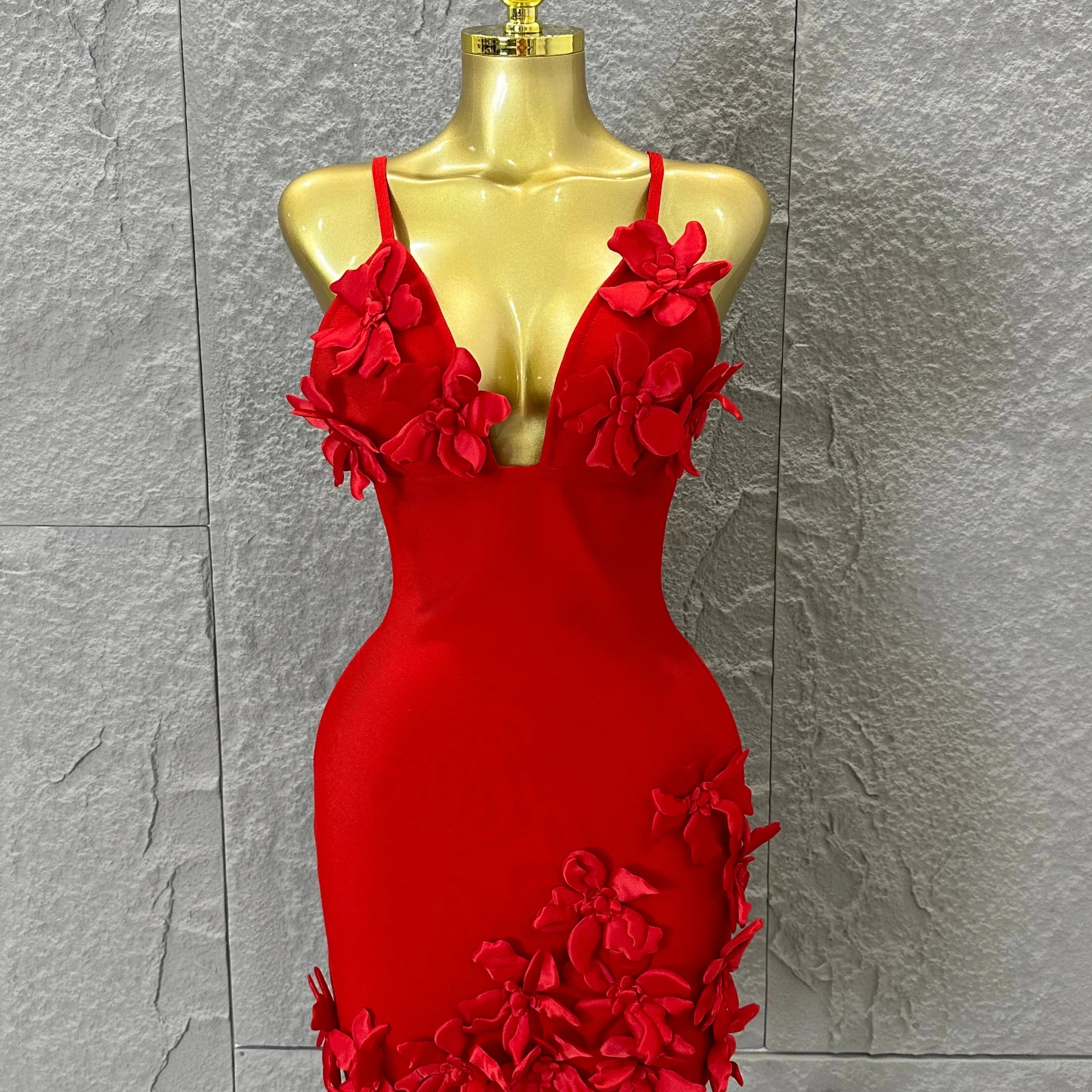 Sexy Deep V Red 3D Flower Applique Dress Slim Fit Bodycon Bandage Night Out Wedding Guest Club Cocktail Evening Party Outfit