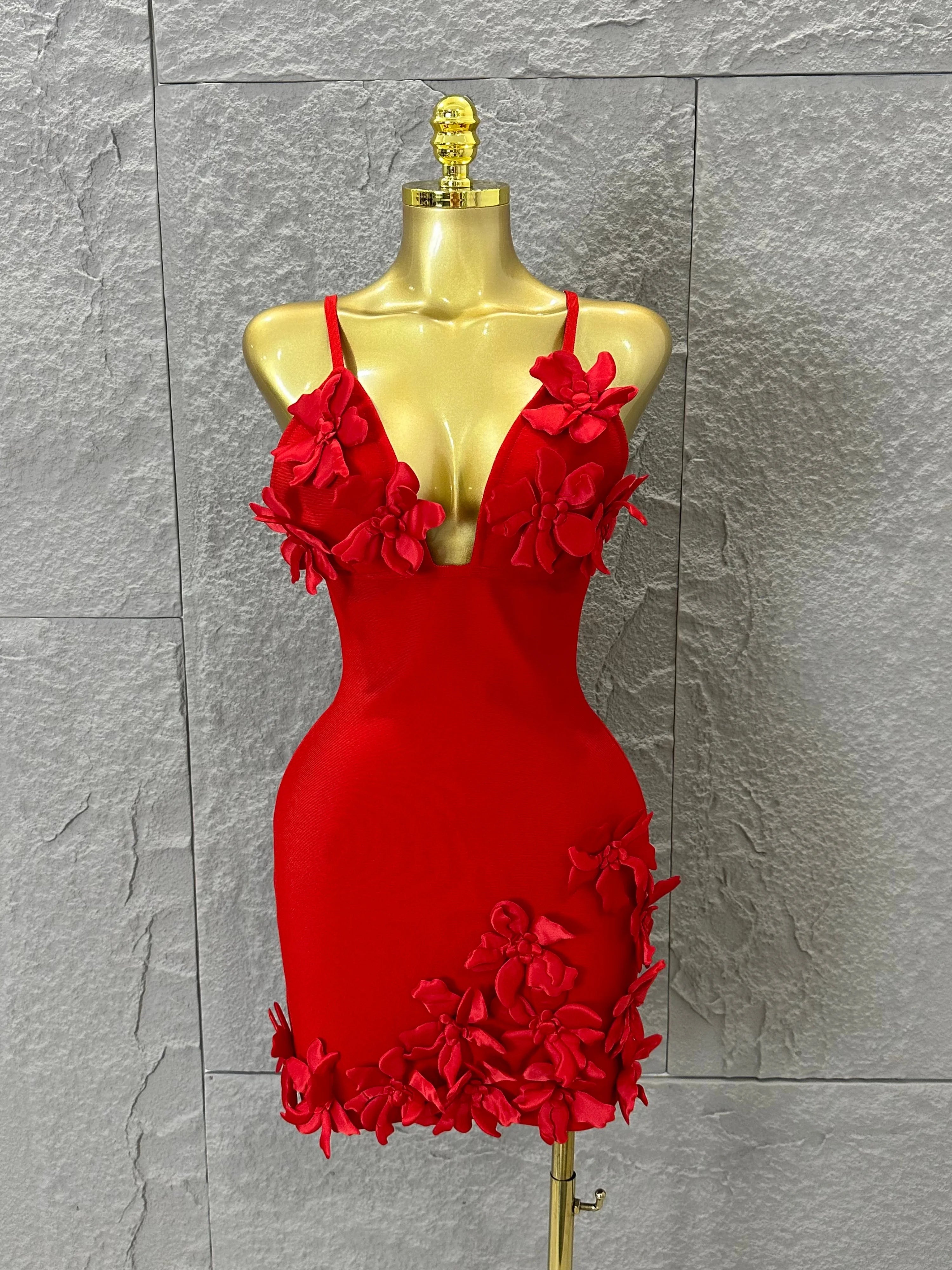 Sexy Deep V Red 3D Flower Applique Dress Slim Fit Bodycon Bandage Night Out Wedding Guest Club Cocktail Evening Party Outfit