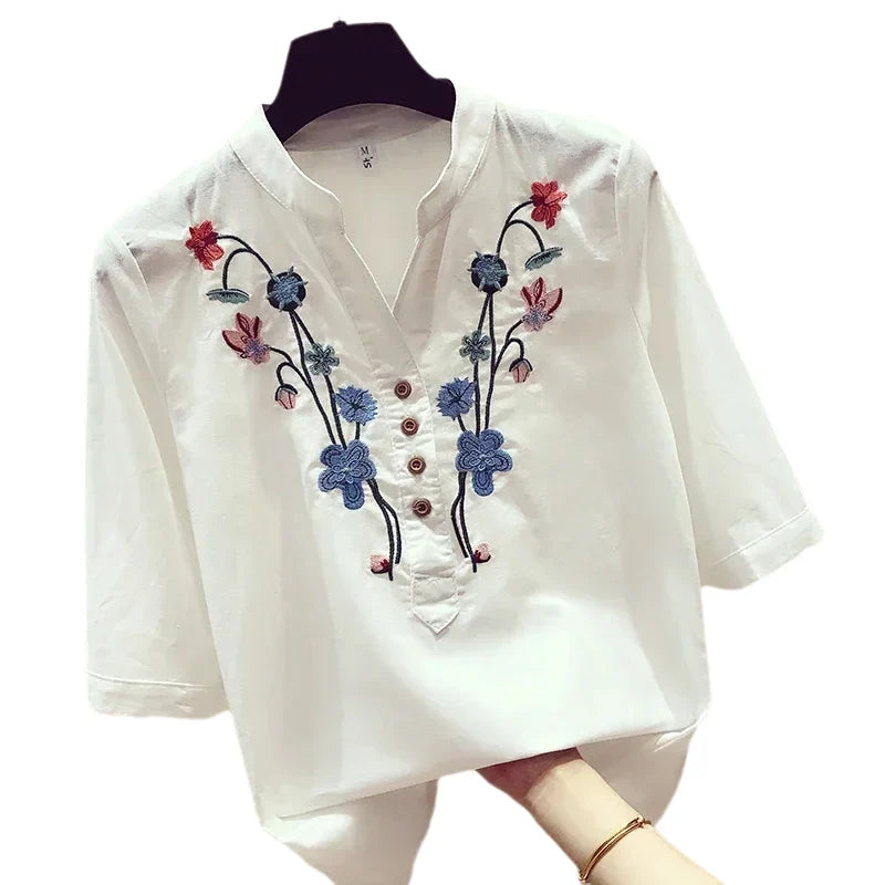 Loose Cotton Blouses for Women, White Tops and Blouses, Elegant Embroidery V-Neck Shirts, New Summer Clothes, 3140 50 WHITE