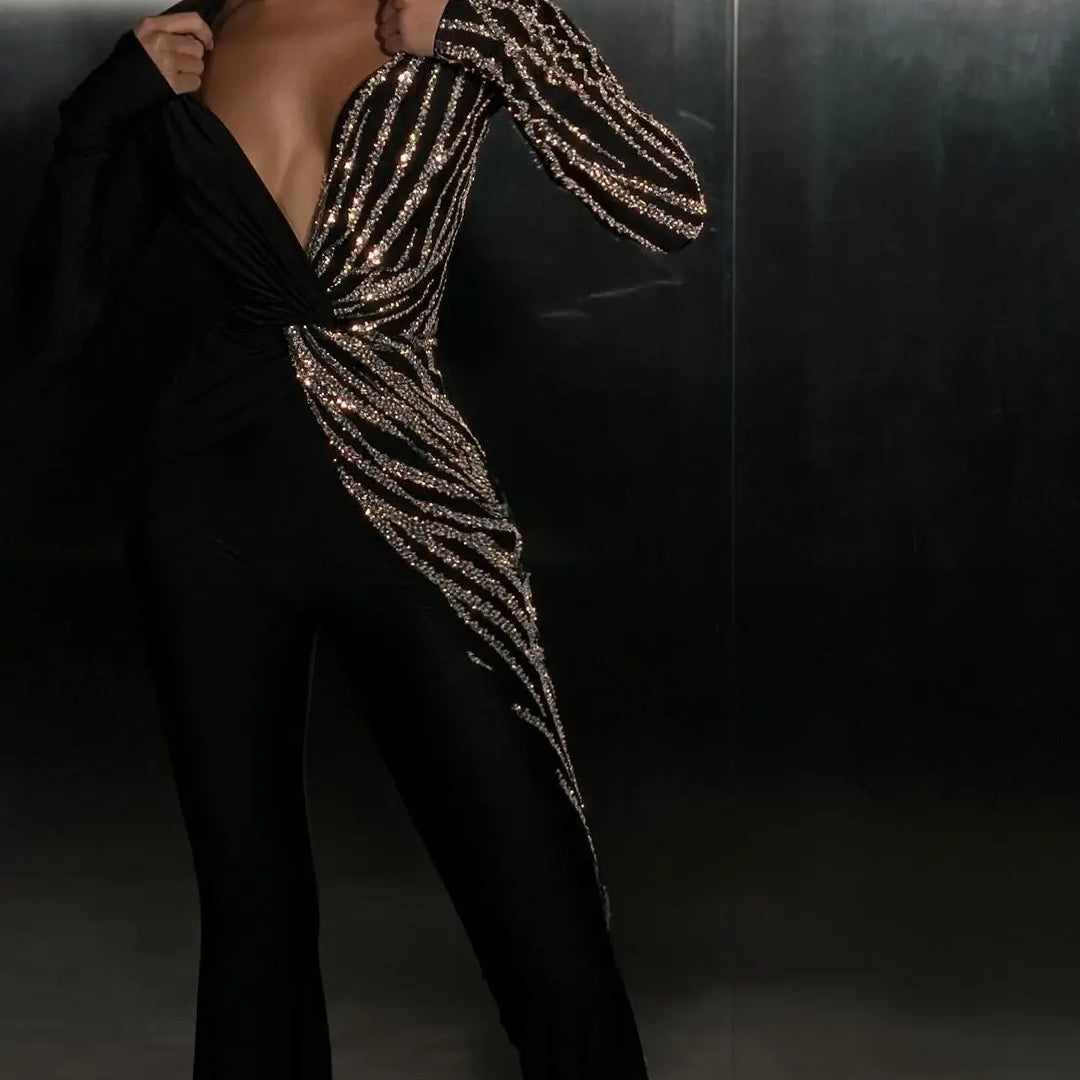 2024 New Spring Sparkling diamonds Sexy V-Neck Stylish Flare Pants Jumpsuit Woman Fashion Party Outfit Stage Performance Costume