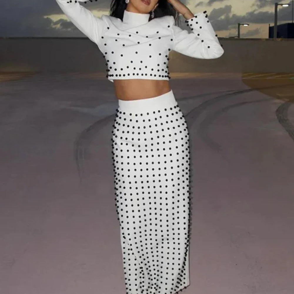 Women'S Black And White Beaded Short Top+Long Skirt Bandage Two-Piece Set Elegant Evening Party Female Outfit 2025 New