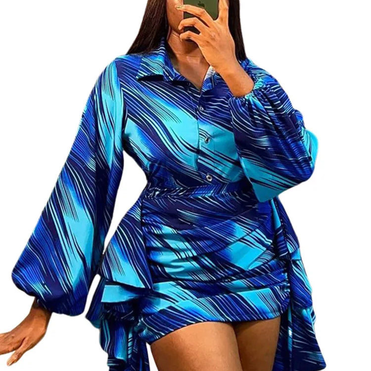 Elegant Striped Printed Ruffles Side Mini Skirts and Long Sleeve Shirt Tops Women Two 2 Piece Sets Birthday Festivals Outfits Dark Blue Set