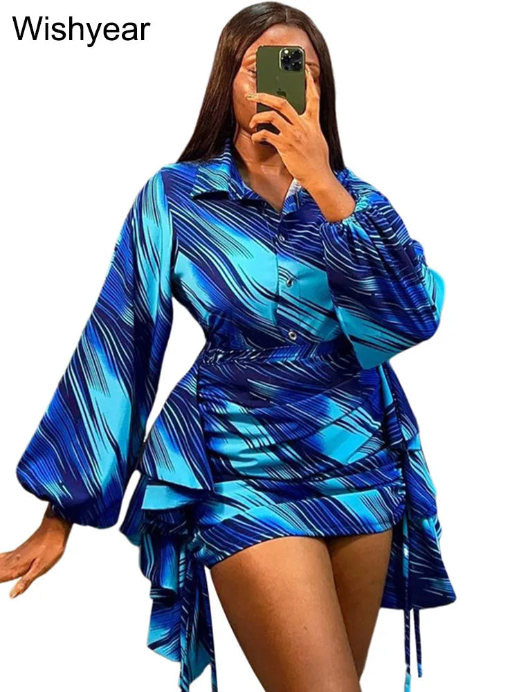 Elegant Striped Printed Ruffles Side Mini Skirts and Long Sleeve Shirt Tops Women Two 2 Piece Sets Birthday Festivals Outfits Dark Blue Set