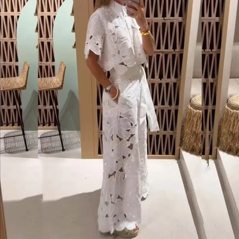 Sexy Women Lace Embroidery Hook Flower Hollow 2 Pieces Summer Temperament Solid Color Tailored Collar Top+Wide Leg Pants Suit A1 White
