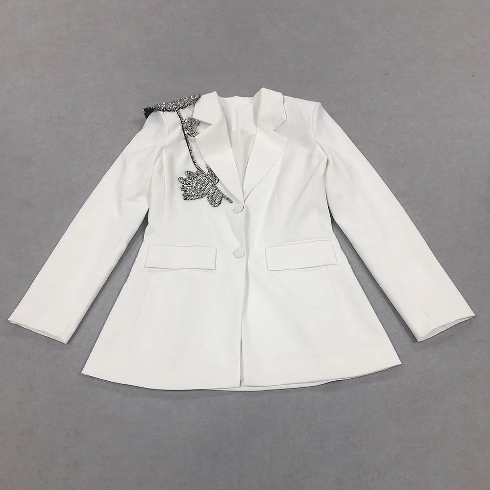 2025 Elegant Women Office OL Blazer Polo Collar Long Sleeve Slim Fit Single breasted Stereoscopic Water Diamond Flower Suit Coat WHITE