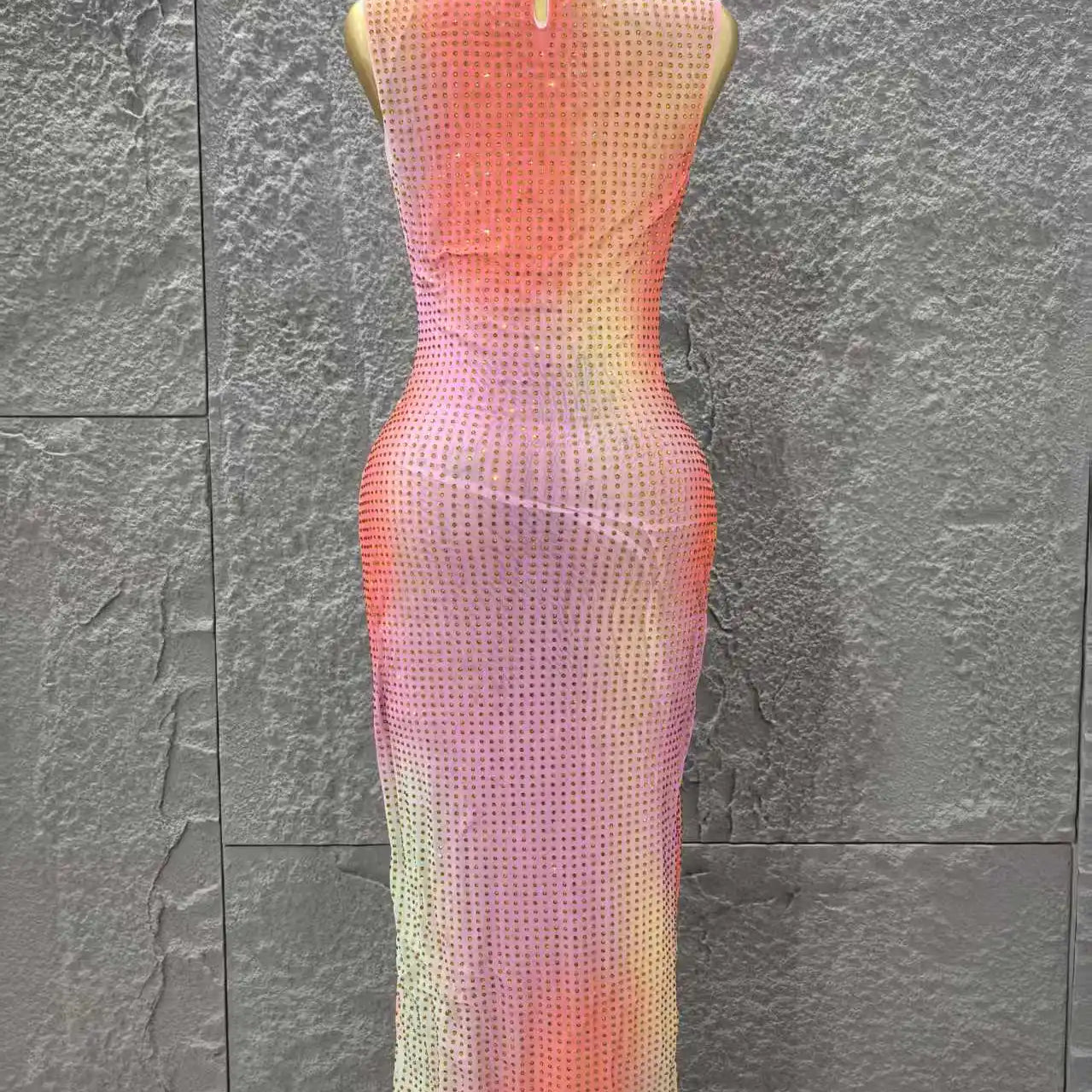 Shinning Rhinestones Women Sleeveless Sexy O-Mecl Bodycon Long Dress Mesh High Stretch Celebrate Evening Party Cocktail Dress