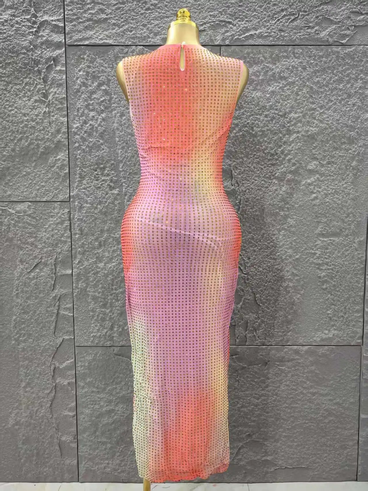 Shinning Rhinestones Women Sleeveless Sexy O-Mecl Bodycon Long Dress Mesh High Stretch Celebrate Evening Party Cocktail Dress