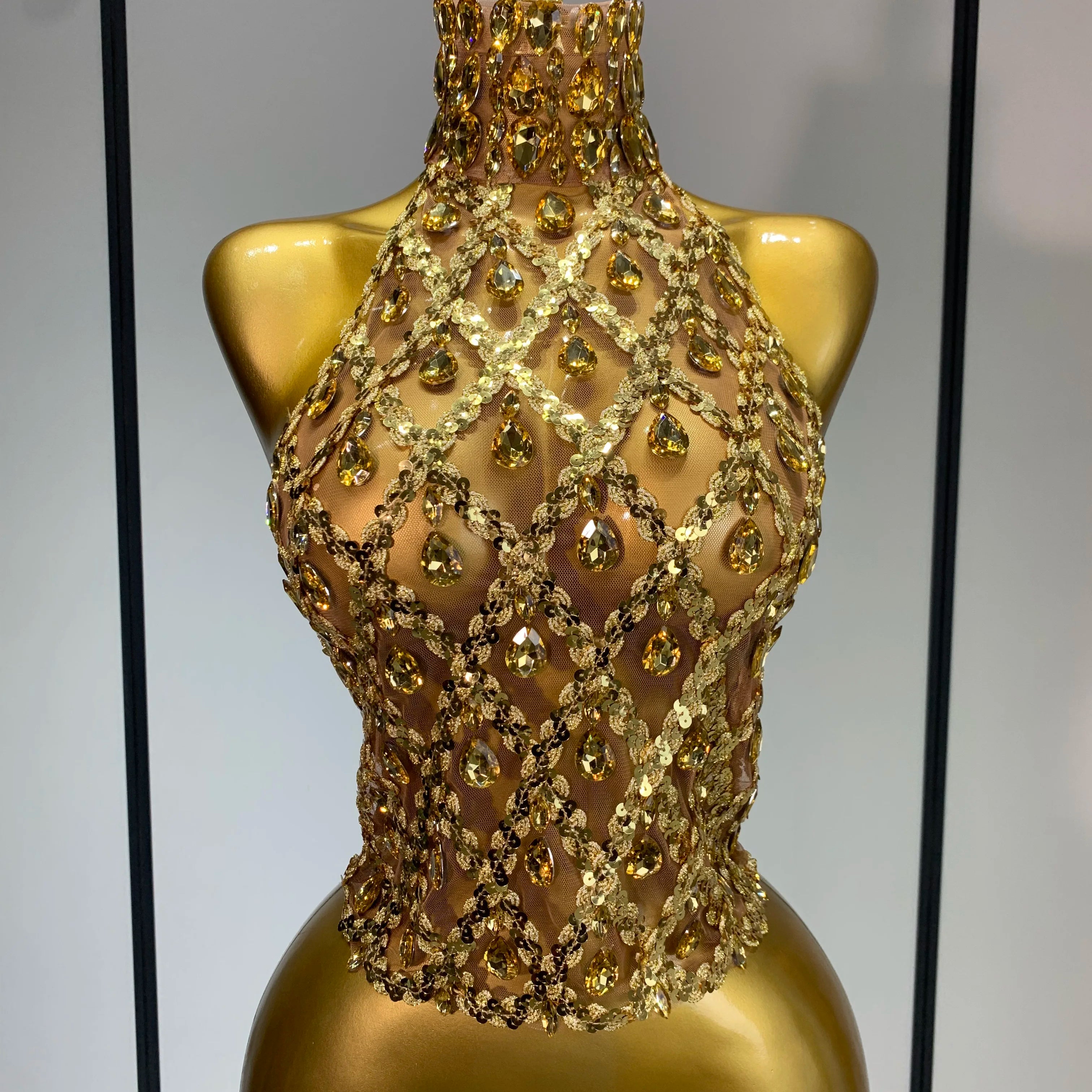 Sparkly Slver Rhinestone Sequins Mesh See Through Top Women Sexy Nightclub Evening Party Backless Spicy Girl Stage Outfit Gold