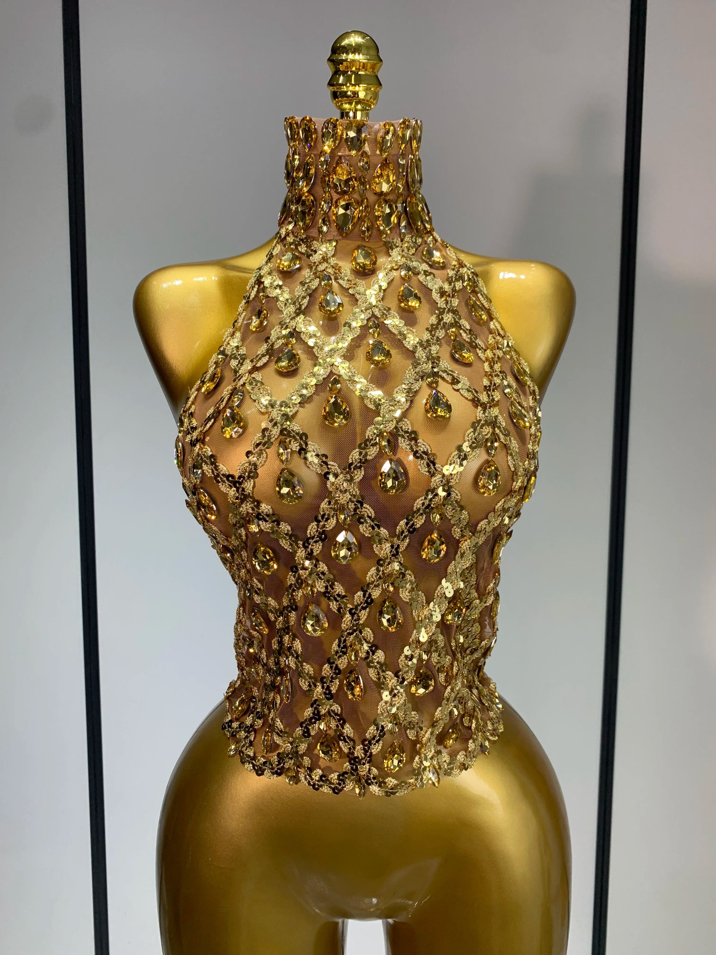 Sparkly Slver Rhinestone Sequins Mesh See Through Top Women Sexy Nightclub Evening Party Backless Spicy Girl Stage Outfit Gold