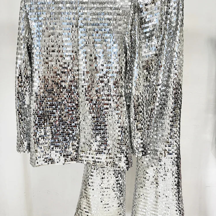 New Spring Shinning Sequined Women Long Sleeve Single Button Tops Floor-Length Pants Set Celebrate Evening Party Women's Set