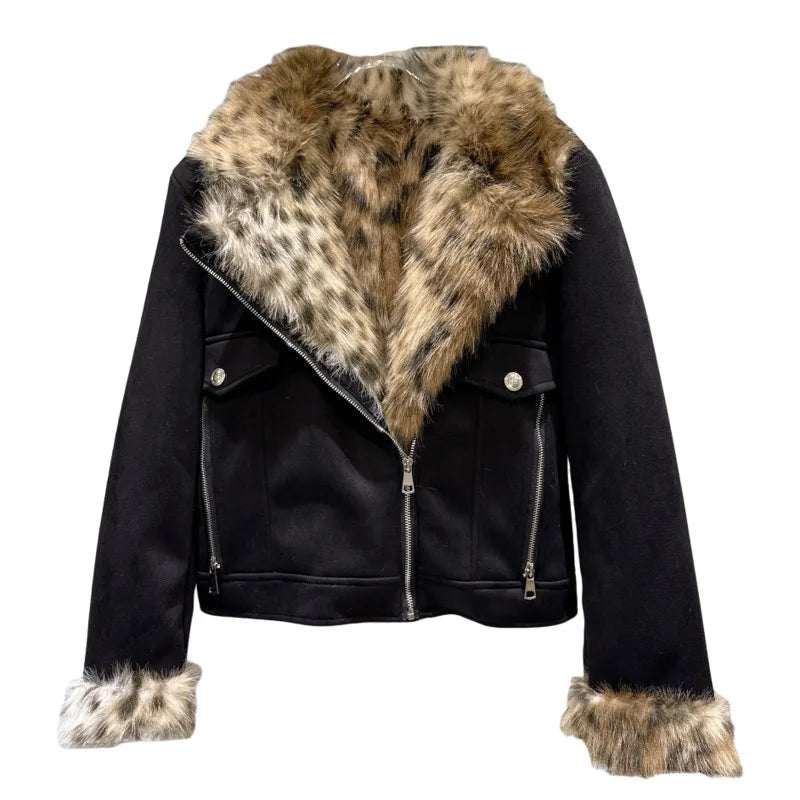 Winter New Trendy Fashion Leopard Print Fur Collar Suede Thickened Jacket For Women Warm Coat Female Trend 11A07449
