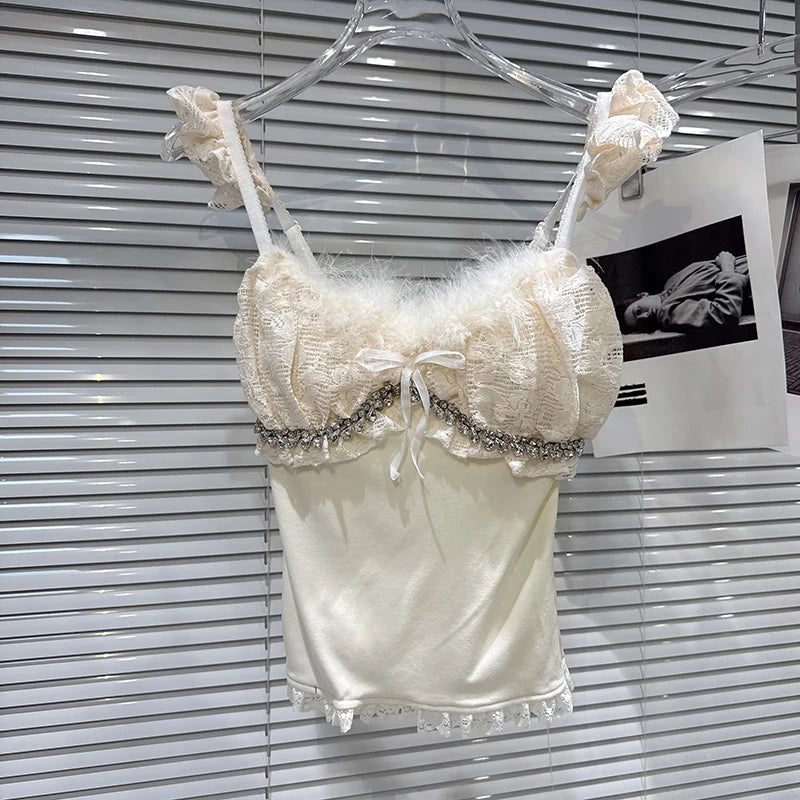 Winter New Sweet Temperament Rhinestone Edge Furry Shoulder Strap Camisole Top For Women Slim Fit Vest Female 11A07898 Apricot One Size