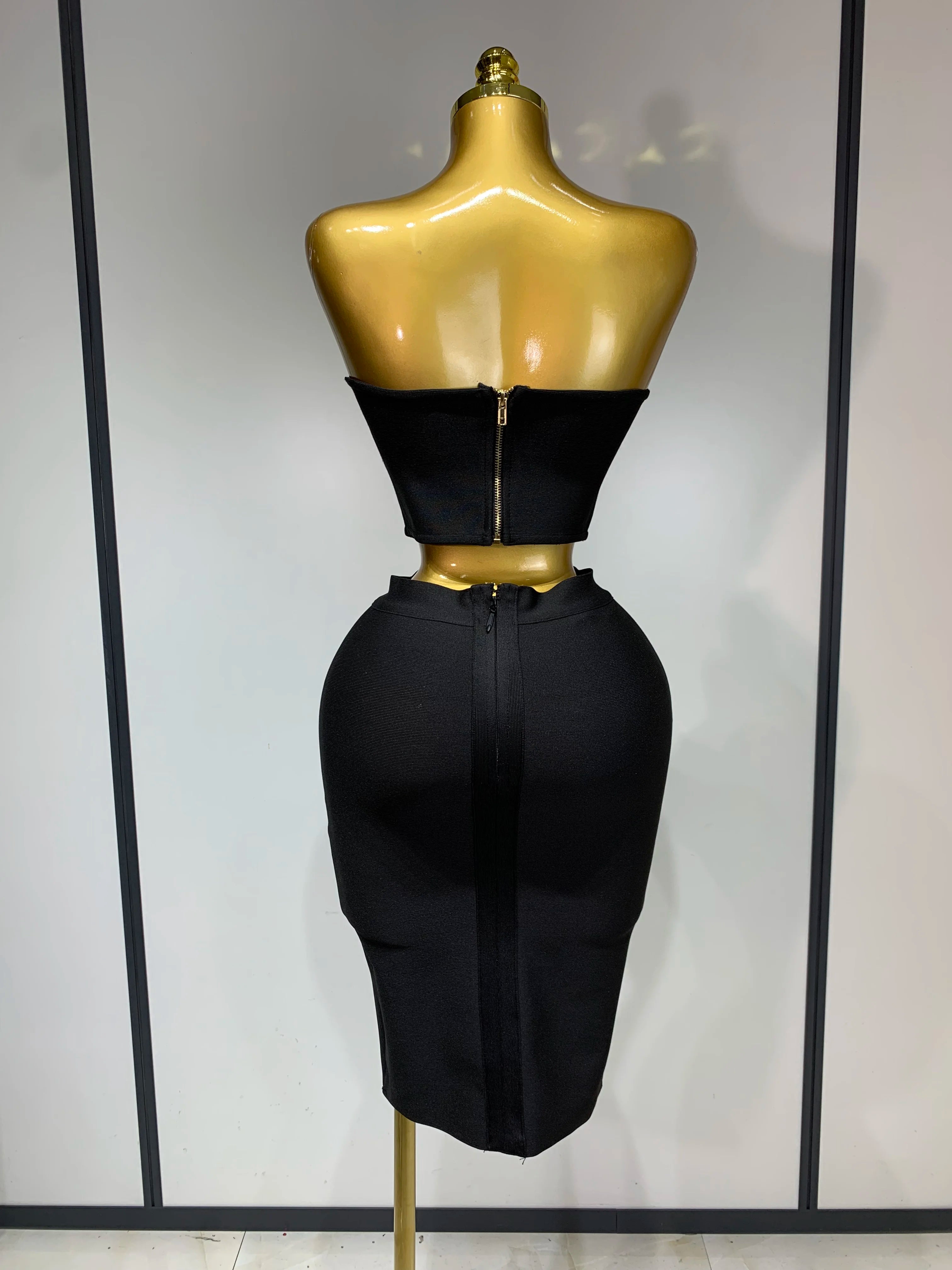 2025 Women 3D Flower Black Bodycon Bandage Two Piece Set Designer High Waist Evening Party Club Birthday Skirt Set