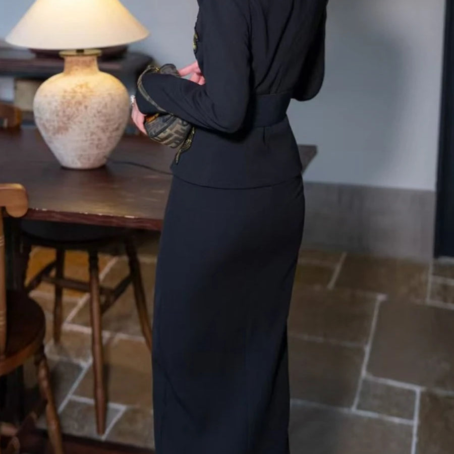 Solid Spliced Appliques Two Piece Sets for Women V Neck Long Sleeve Top High Waist Split Skirts Elegant Set Female