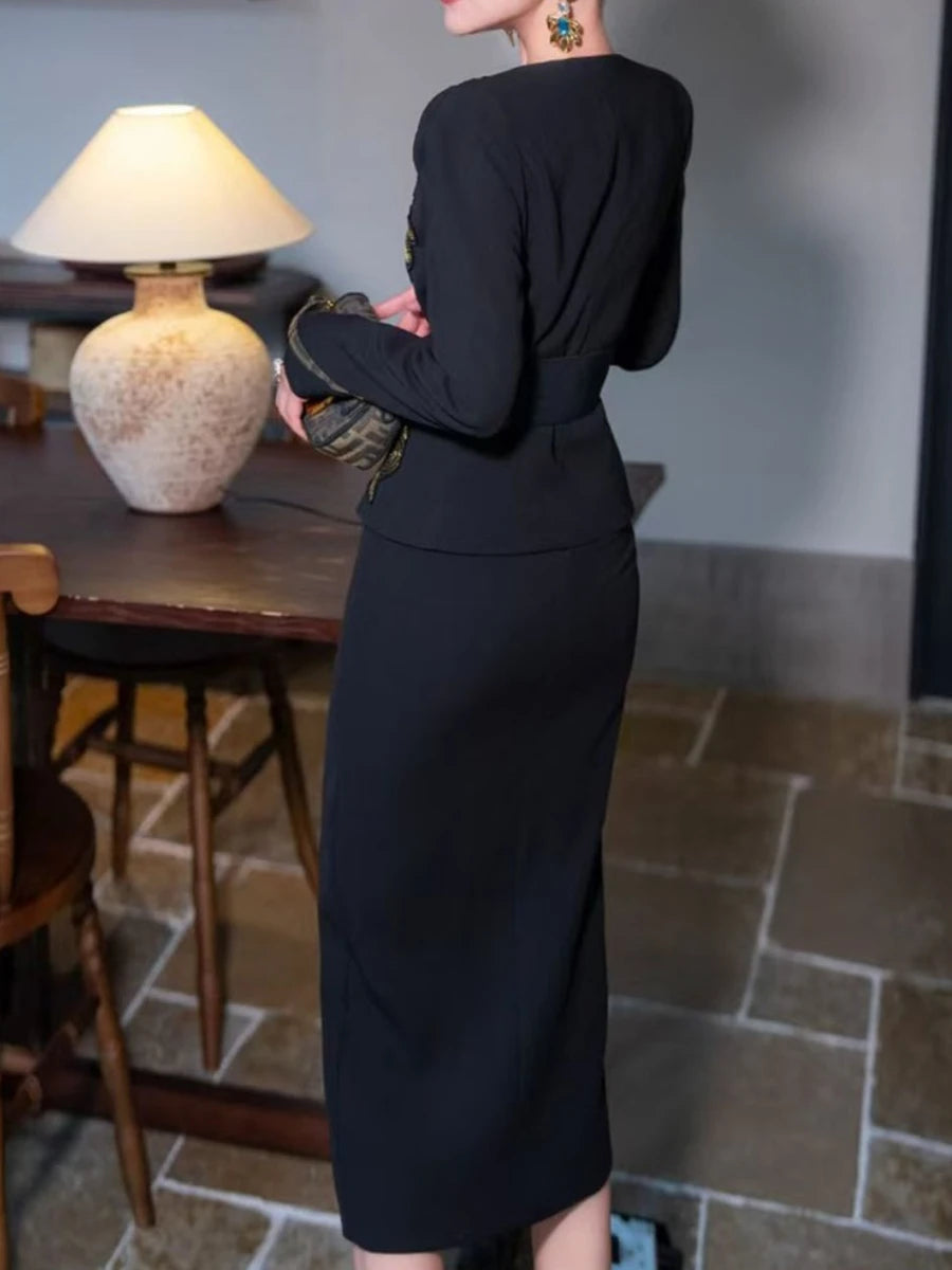 Solid Spliced Appliques Two Piece Sets for Women V Neck Long Sleeve Top High Waist Split Skirts Elegant Set Female