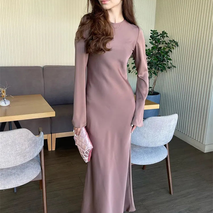 Satin Fashion Slim Maxi Dress For Women Long Sleeve High Waist Elegant Solid Party Dress Casual Luxury Ladies Autumn Dress
