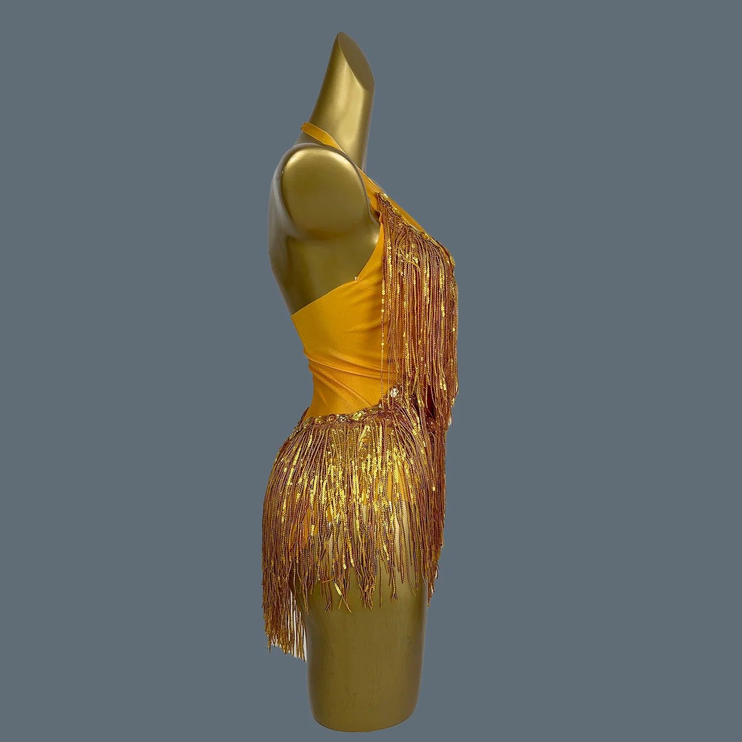 Sparkly Gold Rhinestone Tassel Tight Fit Bodysuit Women Dance Outfit Nightclub Bar Performance Costume Stage Wear Shuye