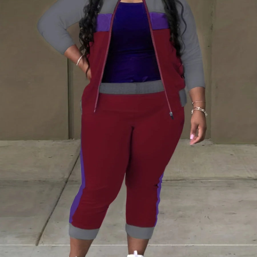 LW Plus Size Zipper Design Patchwork Pants Set Women Color Block Mandarin Collar Tracksuits Long Sleeve Two Pieces Outfits Burgundy