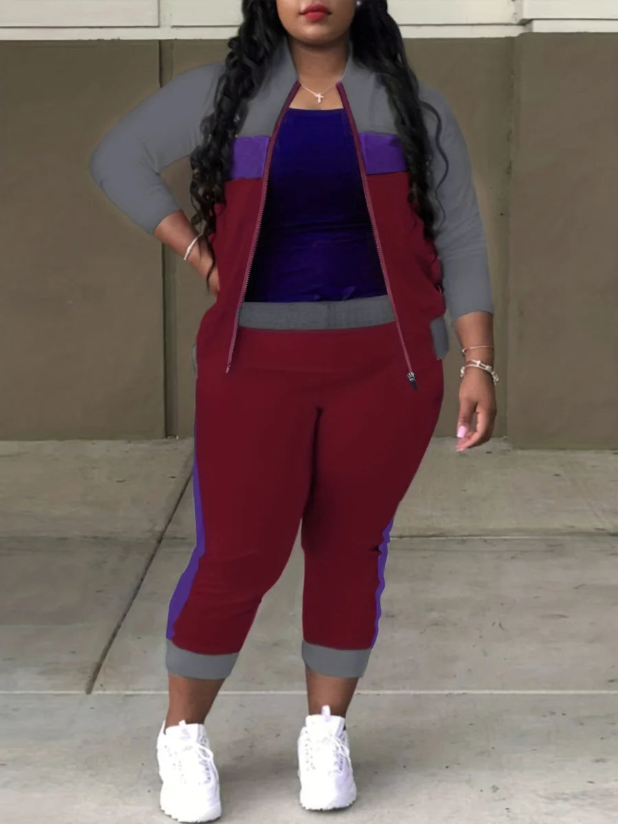 LW Plus Size Zipper Design Patchwork Pants Set Women Color Block Mandarin Collar Tracksuits Long Sleeve Two Pieces Outfits Burgundy