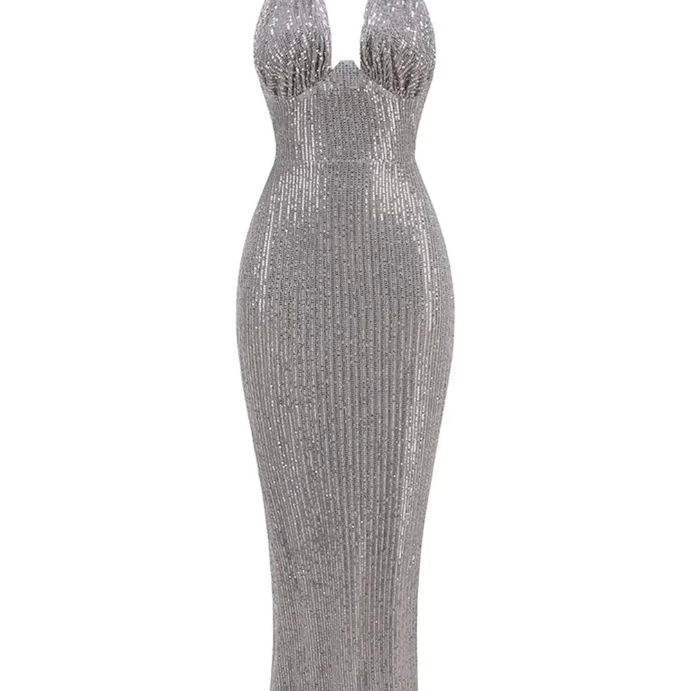 2024 Sexy Women's Maxi Red Sparkle Dress with Hanging Neck Sleeveless Bodycon Backless Long Dresses Evening Club Party Vestidos Dark Grey