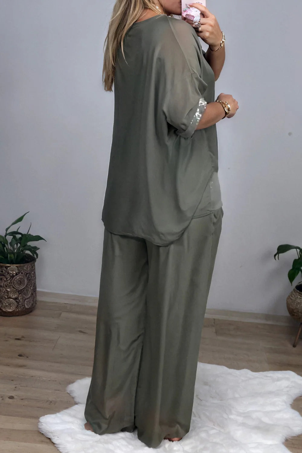 Plus Size Formal Green Elegant Round Neck Half Sleeve Pocket Chiffon Three Piece Sets