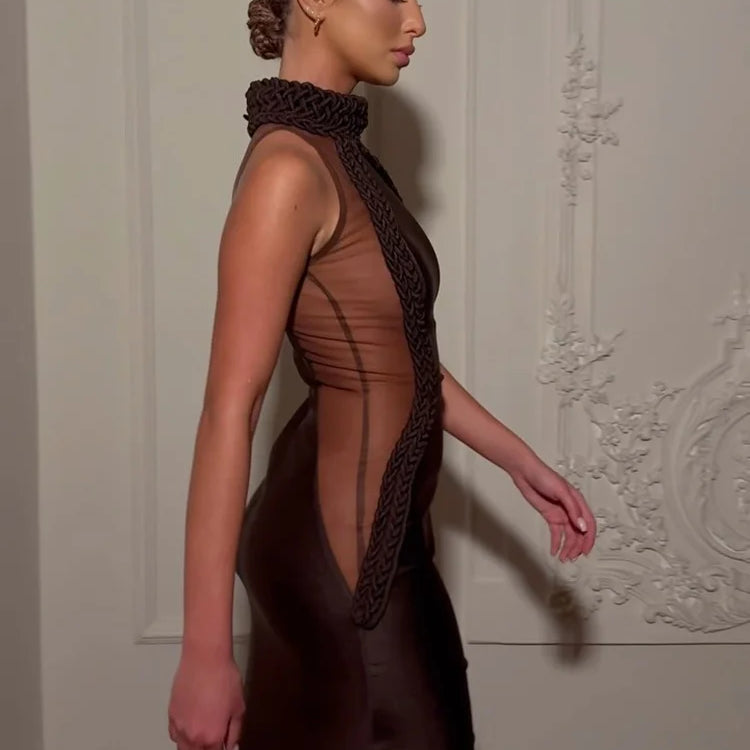 VC Chic Brown Sheer Side Mesh-Paneled Sleeveless Maxi Dress with Braided Details for Party Evening Gown