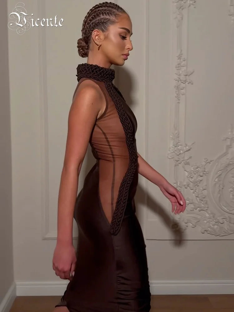 Chic Brown Sheer Side Mesh-Paneled Sleeveless Maxi Dress with Braided Details for Party Evening Gown