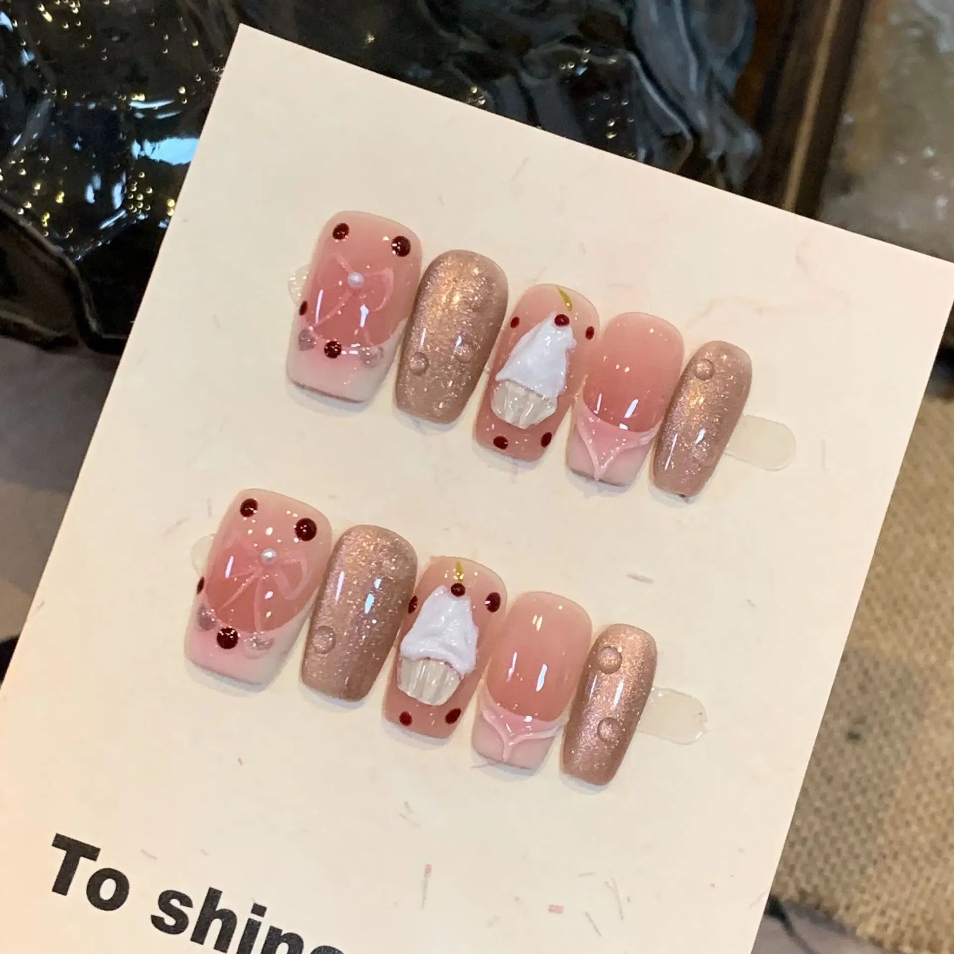 10Pcs Handmade French Press on Nail Medium Red Nails with Polka Dot Designs Retro Fake Nails with Glue Detachable Fashion Nails 2 M