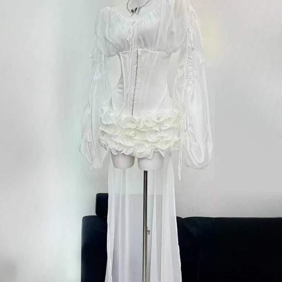 Solid Slimming Spliced Lace Up Mini Dresses for Women Slash Neck Long Sleeves Patchwork Fungus Folds Dress Female WHITE