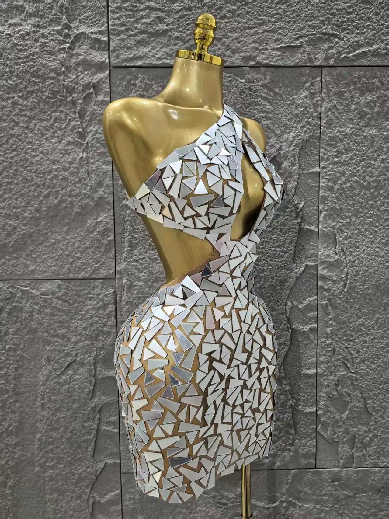 Silver Color Women Sexy One Shoulder Shinning Mirrors Bodycon Mini Dress Nightclub Party Celebrate Birthday Photo Shoot Dress