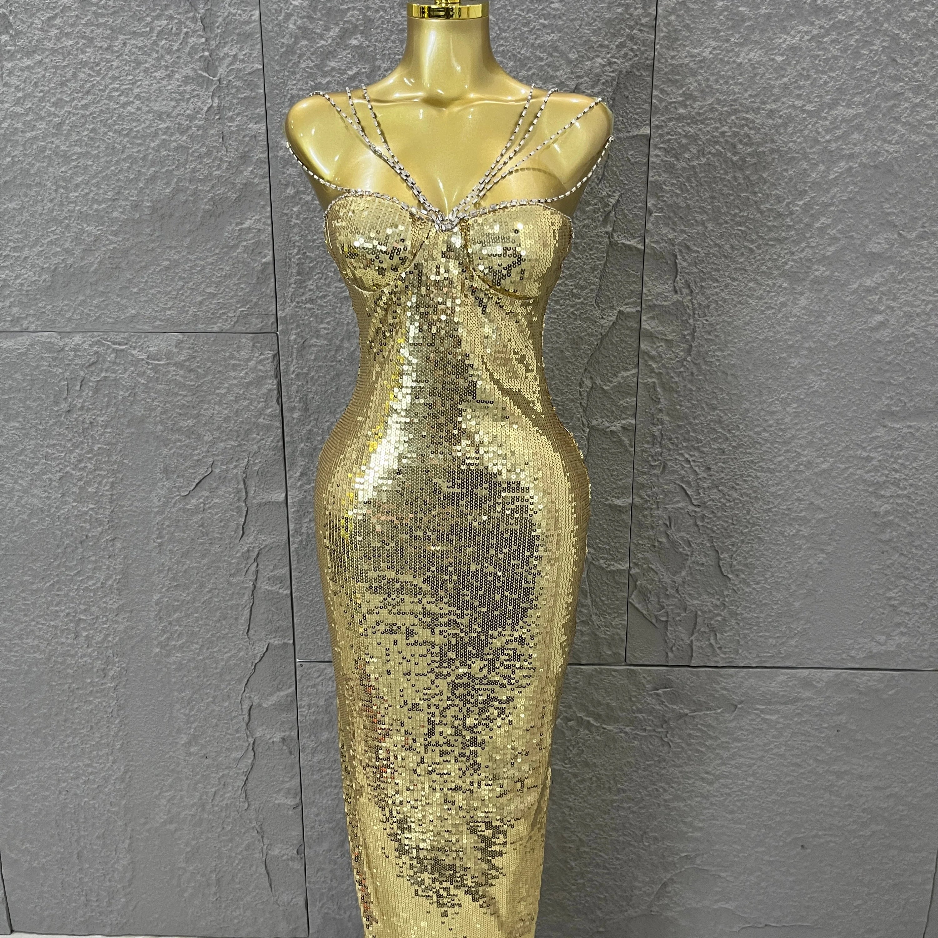 Classic Gold Sequin Mermaid Dress Rhinestone Chain Shoulder Straps Sweetheart Neck Formal Evening Gala Photoshoot Cocktail Party Gold