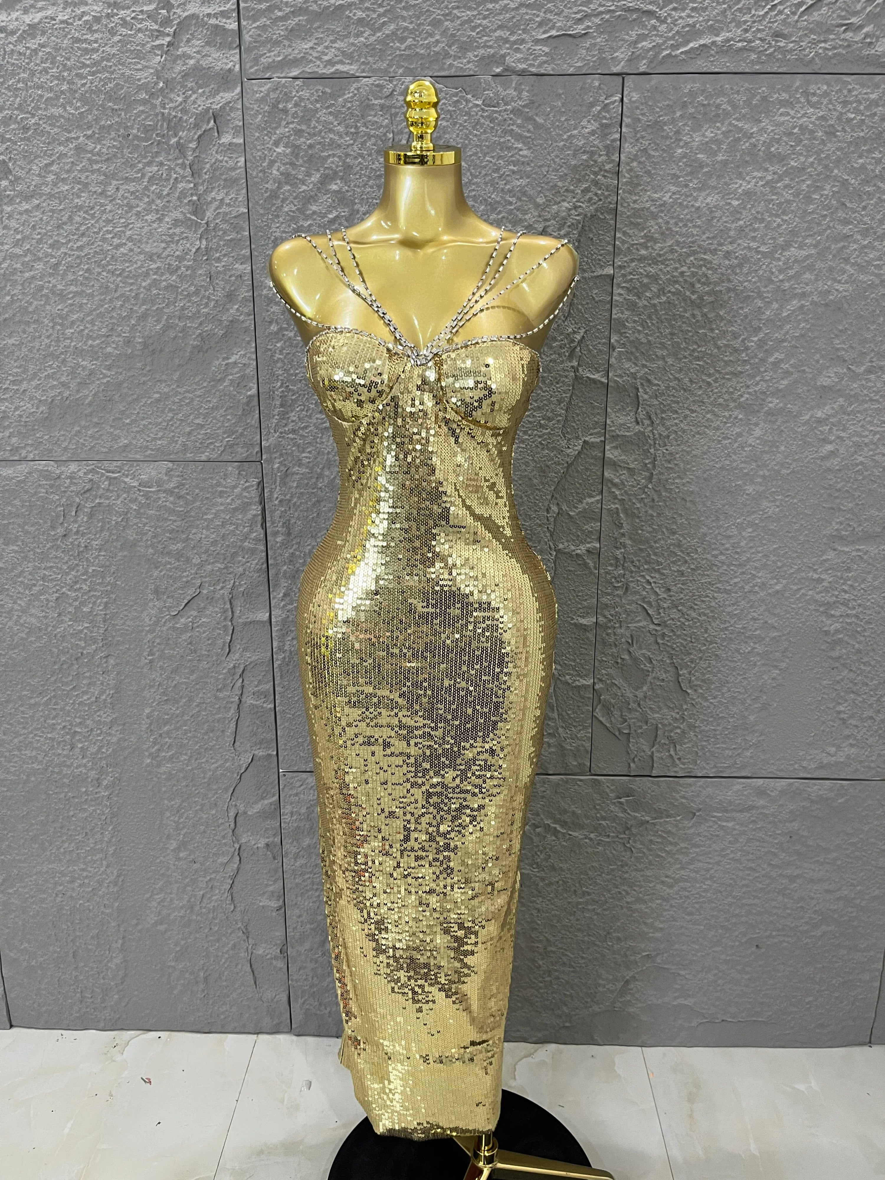 Classic Gold Sequin Mermaid Dress Rhinestone Chain Shoulder Straps Sweetheart Neck Formal Evening Gala Photoshoot Cocktail Party Gold