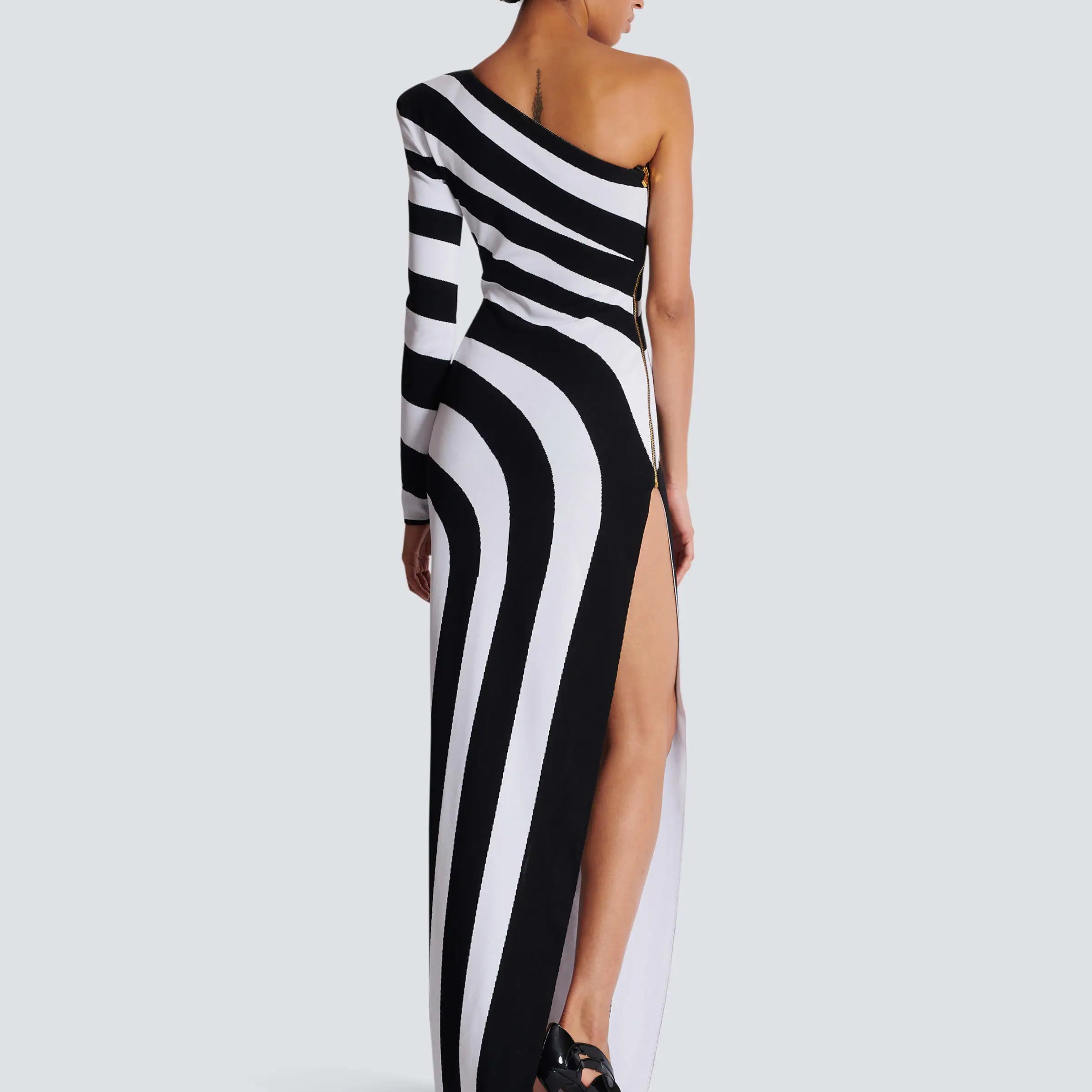 Women Sexy One Shoulder Striped High Split Bodycon Bandage Long Dress Celebrate Evening Party Red Carpet Outfit
