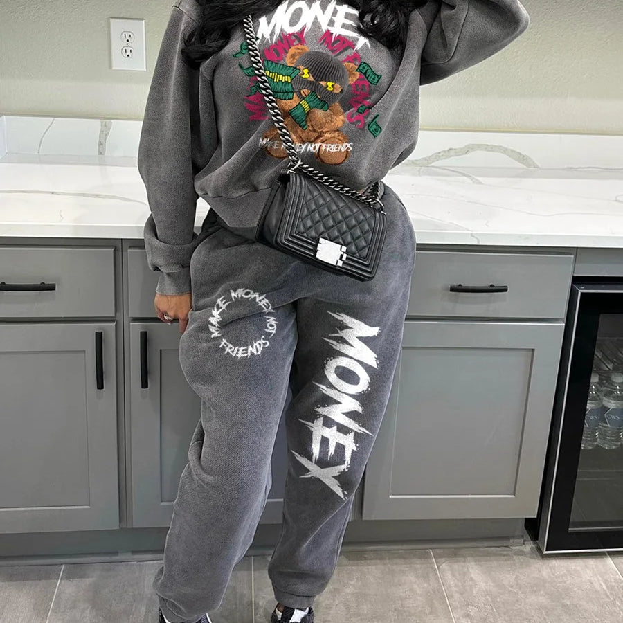 LW Plus Size Two Piece Sets Figure Letter Print Pants Set Autumn Women Tracksuit Oversized Suit Female Sweatshirt Sports Hoodie GRAY