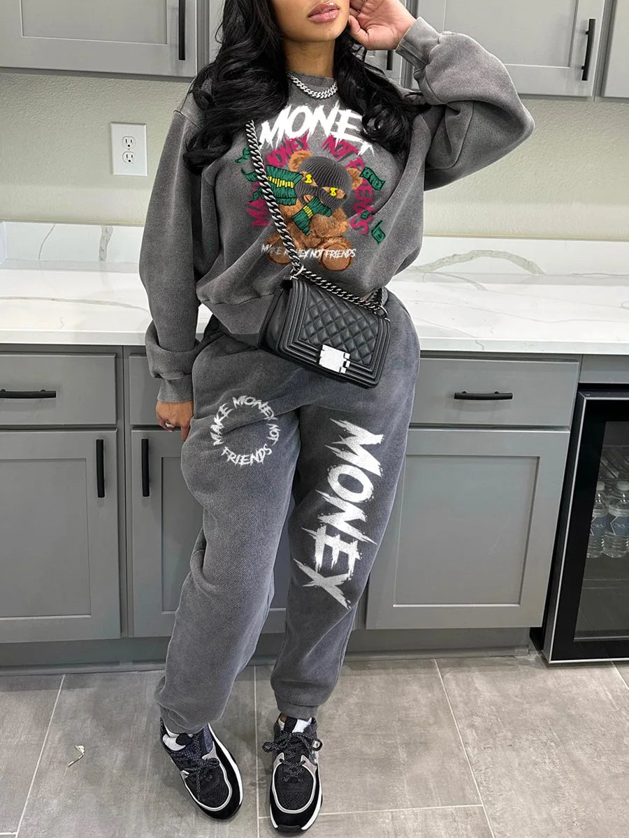 LW Plus Size Two Piece Sets Figure Letter Print Pants Set Autumn Women Tracksuit Oversized Suit Female Sweatshirt Sports Hoodie GRAY